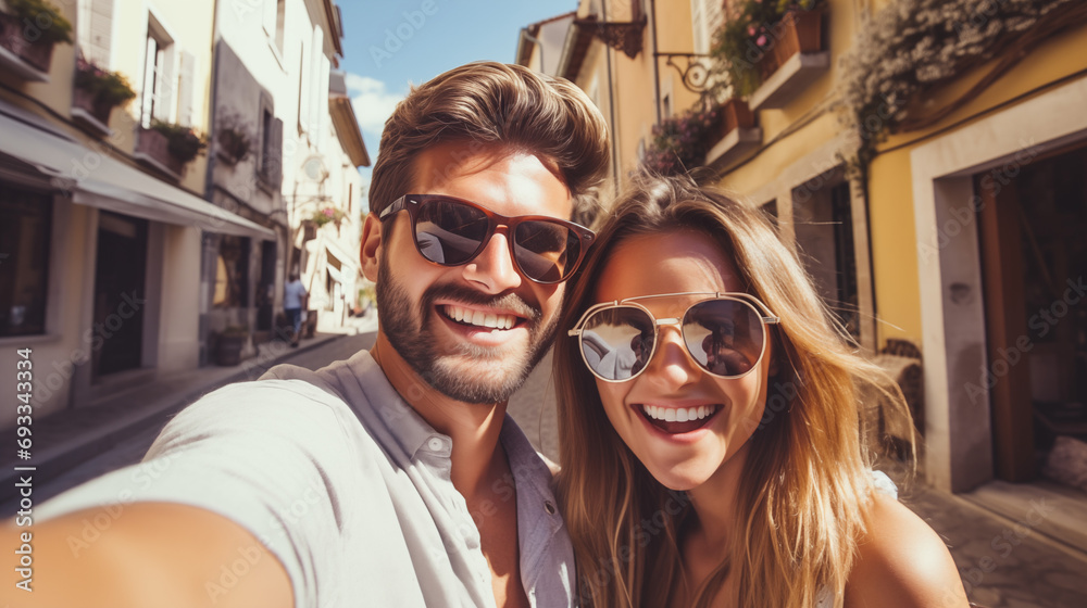 Happy tourist couple taking a selfie while traveling abroad. Happy tourist couple taking a selfie while traveling abroad.