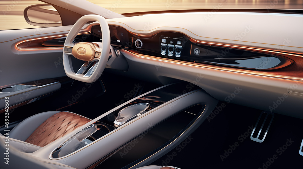 Futuristic interior of a luxury car with grey and wood gold undertones.