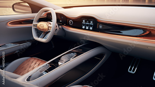 Futuristic interior of a luxury car with grey and wood gold undertones. © Jammy Jean