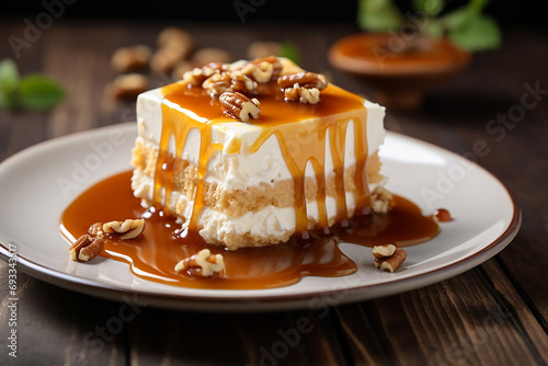 Cheesecake with caramel sauce on wooden background. Selective focus