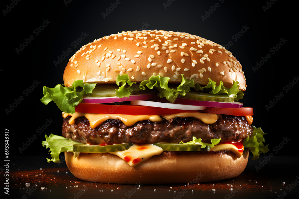 fresh tasty delicious burger with beef patty, lettuce, onions, tomatoes and cucumbers, big fresh hamburger with extra filling on wooden table isolated on dark background with copy space - obrazy, fototapety, plakaty 