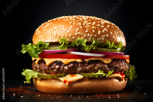 fresh tasty delicious burger with beef patty, lettuce, onions, tomatoes and cucumbers, big fresh hamburger with extra filling on wooden table isolated on dark background with copy space