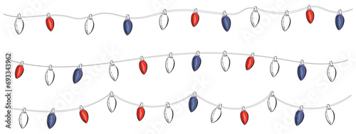 Christmas garland in trendy groovy retro cartoon style. Happy New year and Merry Christmas characters. 70s Vibes groovy garland.Vector Illustration.Christmas lights.