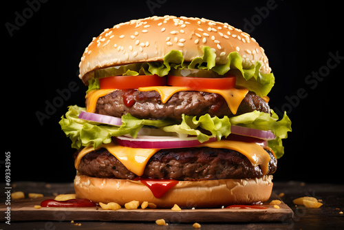 overloaded fresh tasty delicious burger with beef patty, lettuce, onions, tomatoes and cucumbers, big fresh hamburger with extra filling on wooden table isolated on dark background with copy space photo