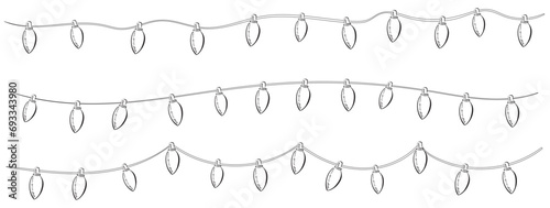 A vector illustration of a string of black and white holiday lights that can be easily painted to match your desired color if needed.