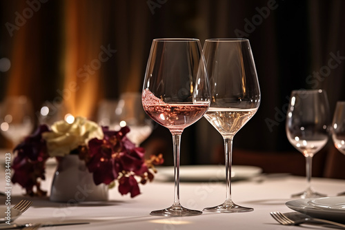Elegant and select restaurant table Wine Glass and appetizers, on the bar table Soft light and romantic atmosphere dinner wedding service menue