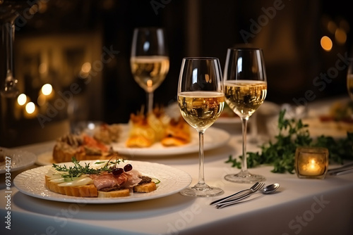 Elegant and select restaurant table Wine Glass and appetizers, on the bar table Soft light and romantic atmosphere dinner wedding service menue photo