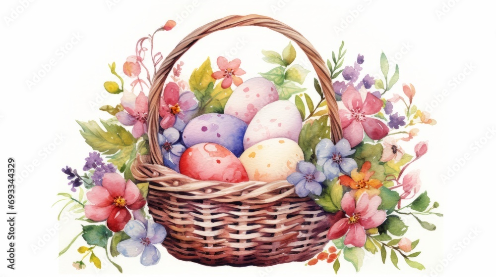 Basket with easter eggs and spring flowers, watercolor illustration Generative AI