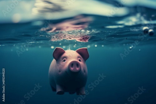 Piggybank drowning financial crisis. Money bankruptcy and investment finance failure. Generate ai photo