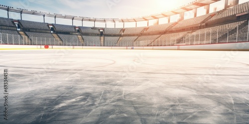 An empty hockey rink with a goalie standing on the ice. This image can be used to depict a quiet and serene atmosphere in a sports arena. photo