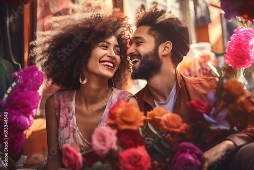 Joyful couple sharing loving moment surrounded by vibrant flowers. Romantic relationship.