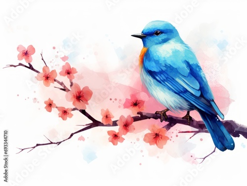 Cherry blossom and blue bird. Watercolor vector illustration. Generative AI © Alex