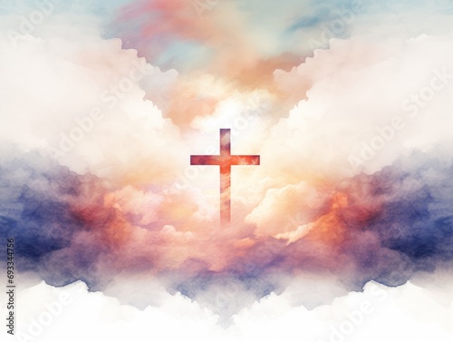 Cross in the sky with clouds. Easter background. illustration. Generative AI