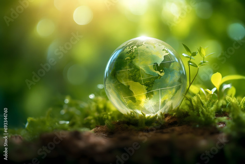 green leaf background  green planet earth  renewable energy light bulb with green energy  Earth Day or environment protection Hands protect forests that grow on the ground and help save the world  sol