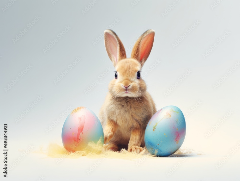 Cute easter bunny and colorful eggs on a light background. Generative AI