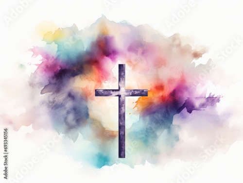 Cross on watercolor background. Christian symbol. Hand drawn illustration. Generative AI