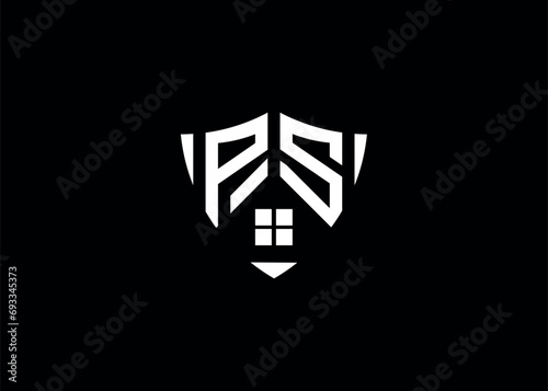 Real estate letter PS shield shape logo and house building vector template