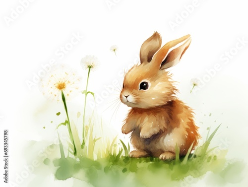Cute little rabbit sitting on the grass with dandelions. illustration. Generative AI