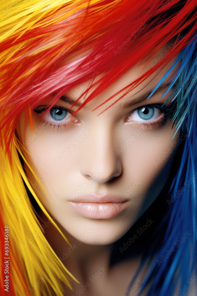 Fototapeta premium Portrait of young woman with colorful hair like feathers , tropical bird girl style