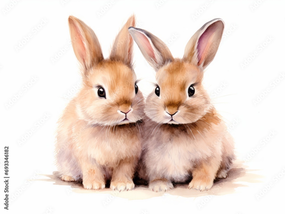 Two cute rabbits. Isolated on white background. illustration. Generative AI