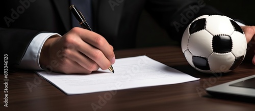 Football player signing contract, soccer transfer news, football club business © 2rogan