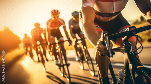 Close-up of a group of cyclists with professional racing sports gear riding on an open road cycling route photo