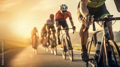 Close-up of a group of cyclists with professional racing sports gear riding on an open road cycling route photo