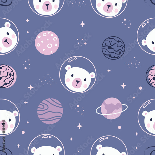 Fototapeta Naklejka Na Ścianę i Meble -  Cute bear in space, kids seamless pattern. Cartoon animal background. Design for kids clothes, t-shirts, wrapping, fabric, textiles, wallpaper, wrapping and more. Vector illustration