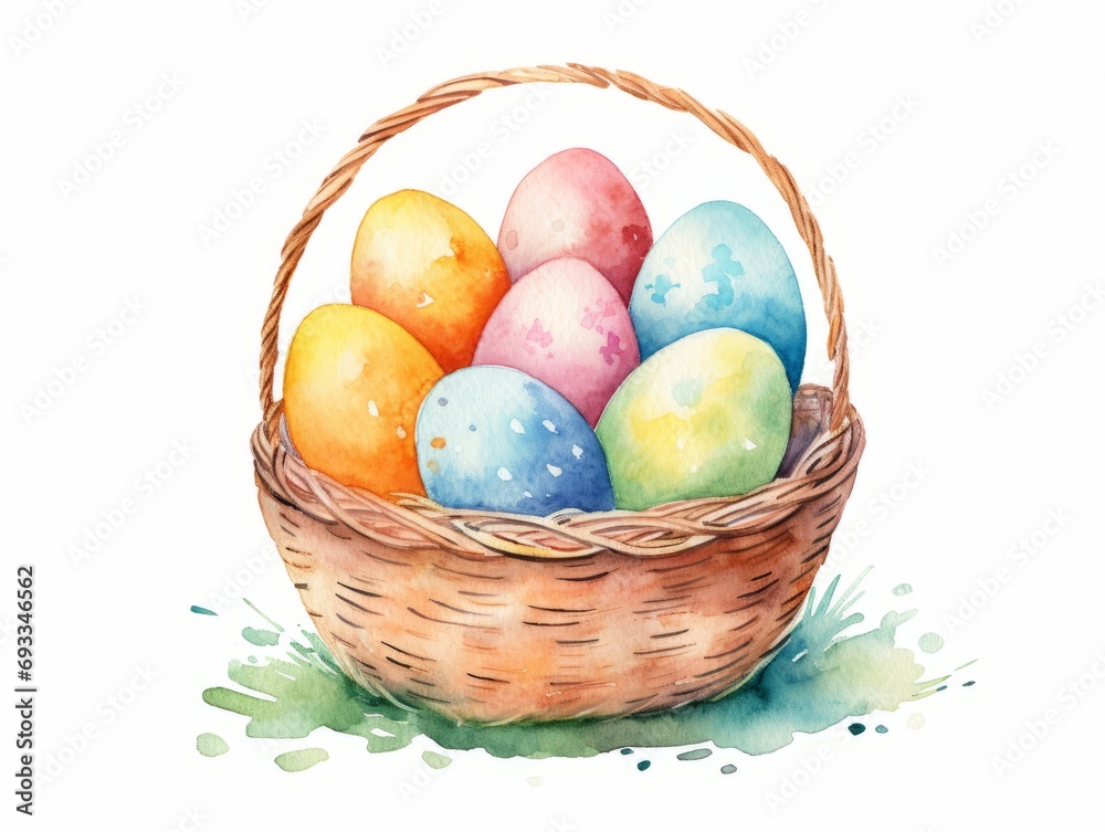 Basket with painted Easter eggs. Watercolor hand drawn illustration isolated on white background Generative AI