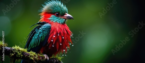 Male resplendent quetzal in Costa Rican cloud forest, close-up, turning head towards camera.