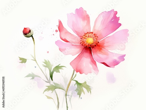 Watercolor illustration of cosmos flowers  isolated on a white background. Generative AI