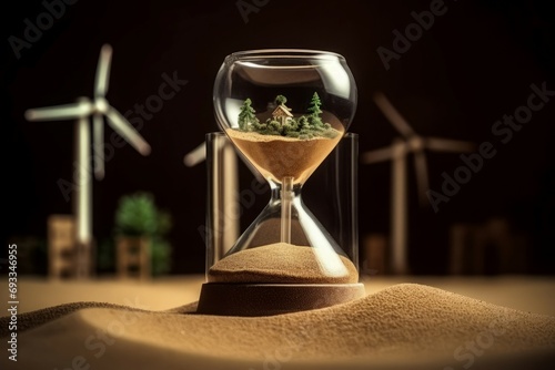 Sand clock ecology. Hourglass countdown for global environment saving. Generate ai