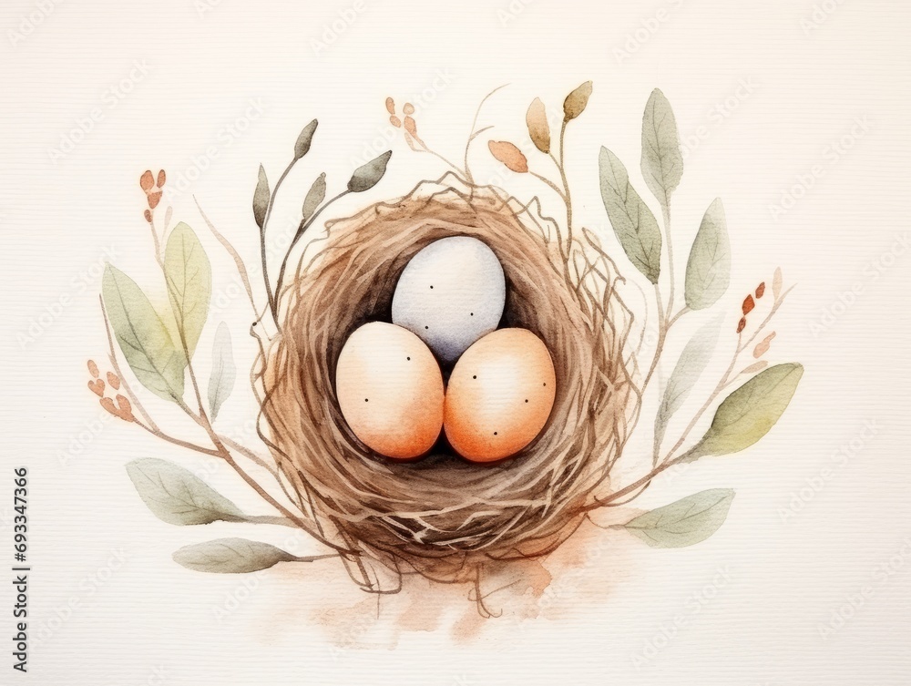 Easter eggs in nest with floral ornament. Watercolor illustration. Generative AI