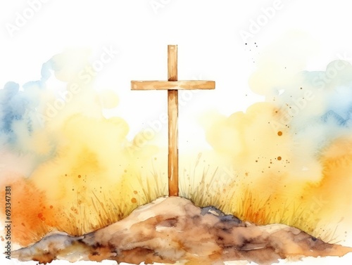 Wooden cross on the sand. Watercolor hand drawn illustration. Generative AI