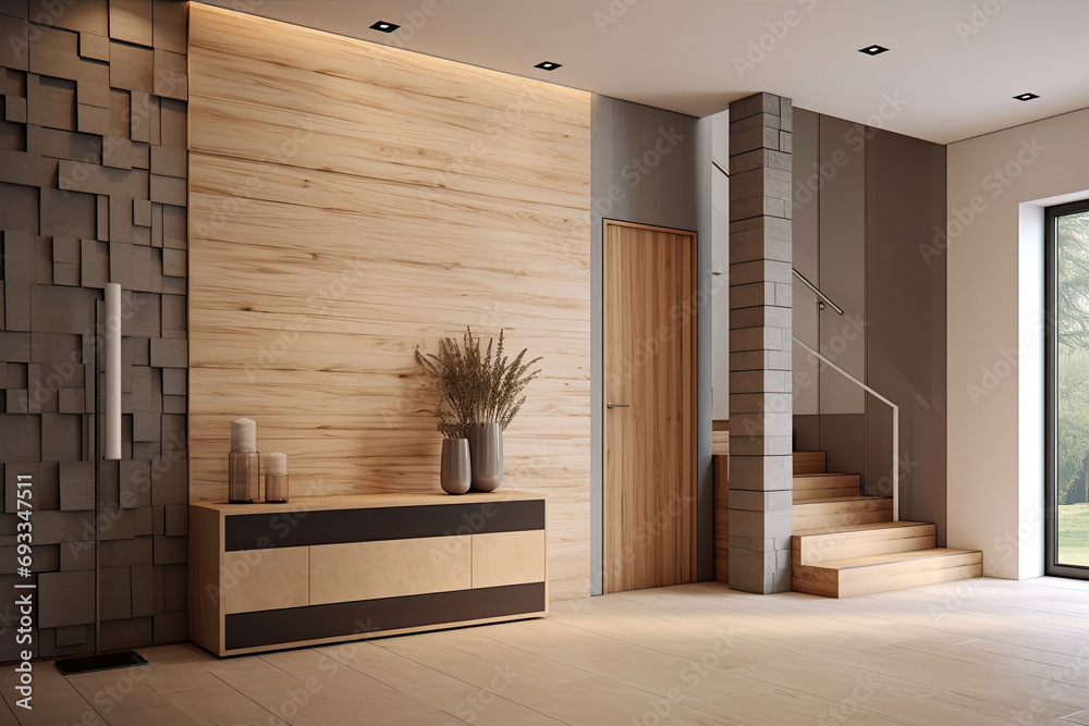 Interior stylish modern wooden entrance hallway decor with cozy wooden tone, contemporary home with furniture desk, stand and shoe bench. - obrazy, fototapety, plakaty 