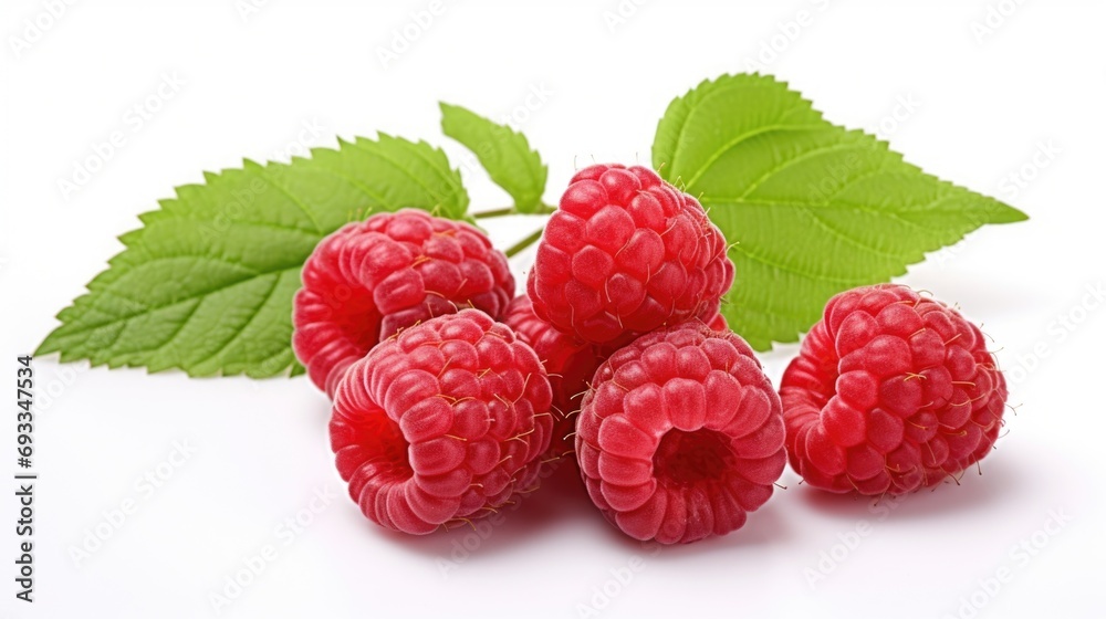 A collection of fresh raspberries with vibrant green leaves arranged on a clean white surface. Perfect for food-related projects and advertisements A collection of fresh raspberries with vibrant green leaves arranged on a clean white surface. Perfect for food-related projects and advertisements