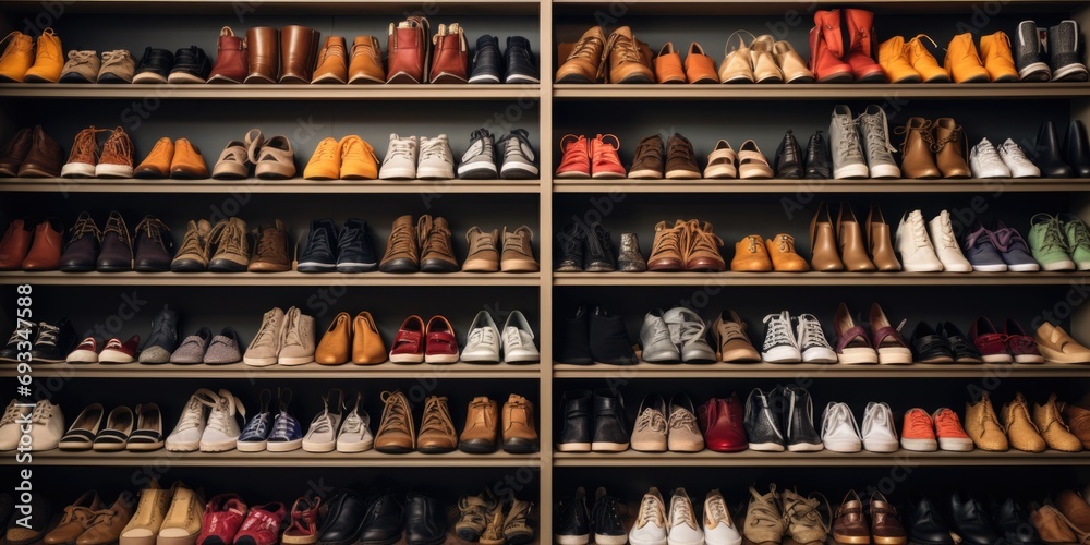 A large shelf filled with a diverse selection of shoes. Perfect for shoe enthusiasts and fashion lovers alike - obrazy, fototapety, plakaty 