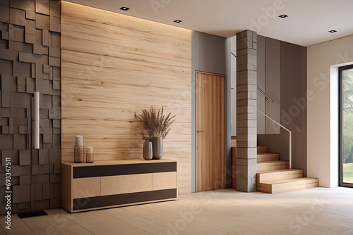 Interior stylish modern wooden entrance hallway decor with cozy wooden tone, contemporary home with furniture desk, stand and shoe bench. photo
