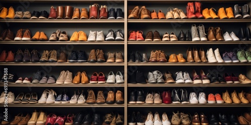 A large shelf filled with a diverse selection of shoes. Perfect for shoe enthusiasts and fashion lovers alike photo