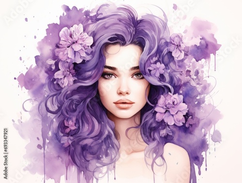 Beautiful young woman with purple hair and flowers in her hair. Portrait of a girl with purple hair. Generative AI
