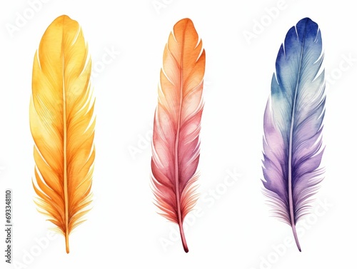 Set of colorful feathers isolated on white background. Watercolor illustration. Generative AI © Alex