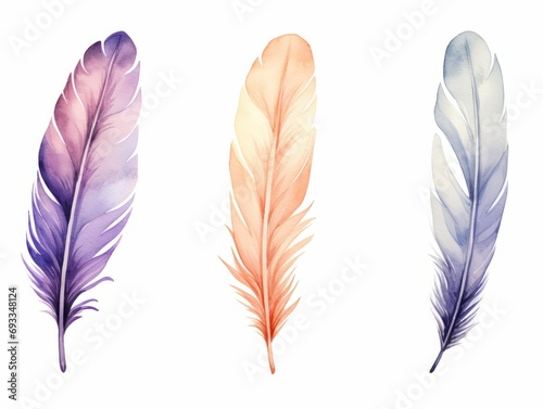 Watercolor feathers set. Hand drawn illustration isolated on white background. Generative AI © Alex