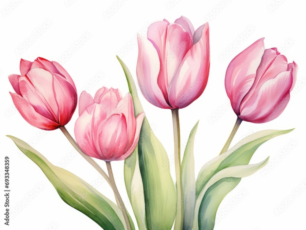 Bouquet of pink tulips isolated on white background. Watercolor illustration Generative AI