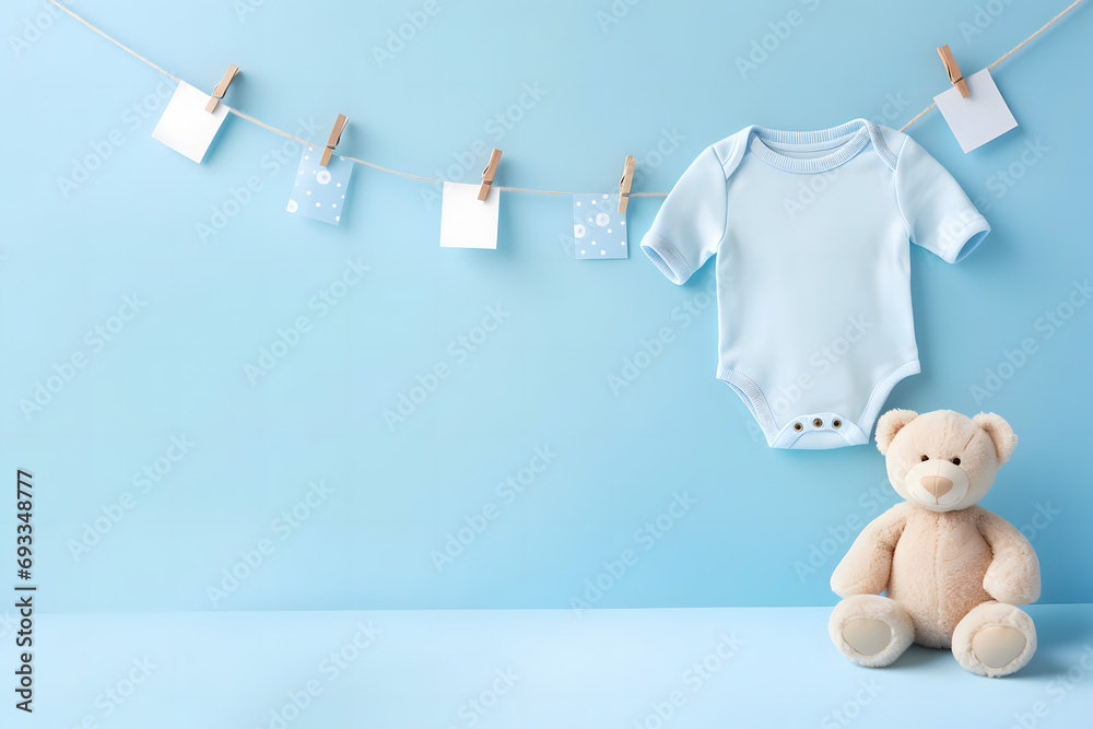 New born, child and teddy bear with balloons, its a boy, baby - obrazy, fototapety, plakaty 