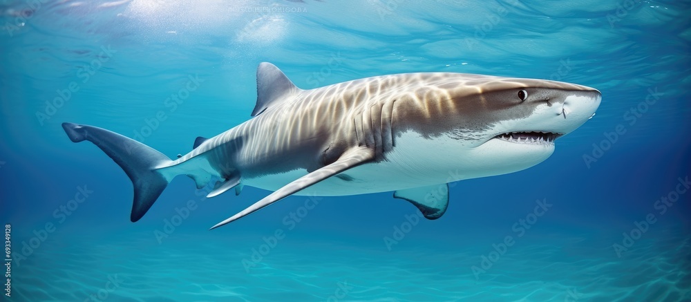 Obraz premium Tiger Shark in Atlantic Ocean, Bahamas, swimming underwater.