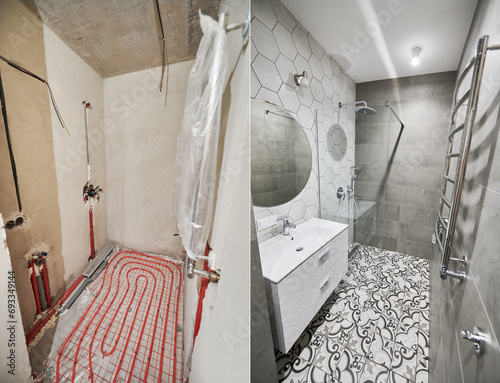 Photo collage of apartment bathroom before and after restoration. Comparison of old room with underfloor heating pipes and new renovated restroom with sink, shower, mirror and towel dryer. photo