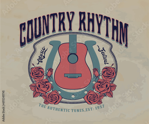 western country music vector design, country fest  artwork for t shirt, sticker, poster, graphic print, guitar with roses, retro vintage vector art