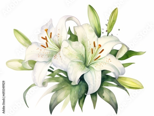 Beautiful vector image with a bouquet of white lilies on a white background Generative AI © Alex