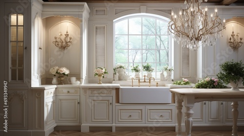 Classic French country kitchen with ornate details and a farmhouse sink