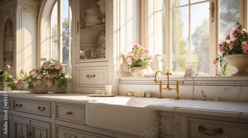 Classic French country kitchen with ornate details and a farmhouse sink